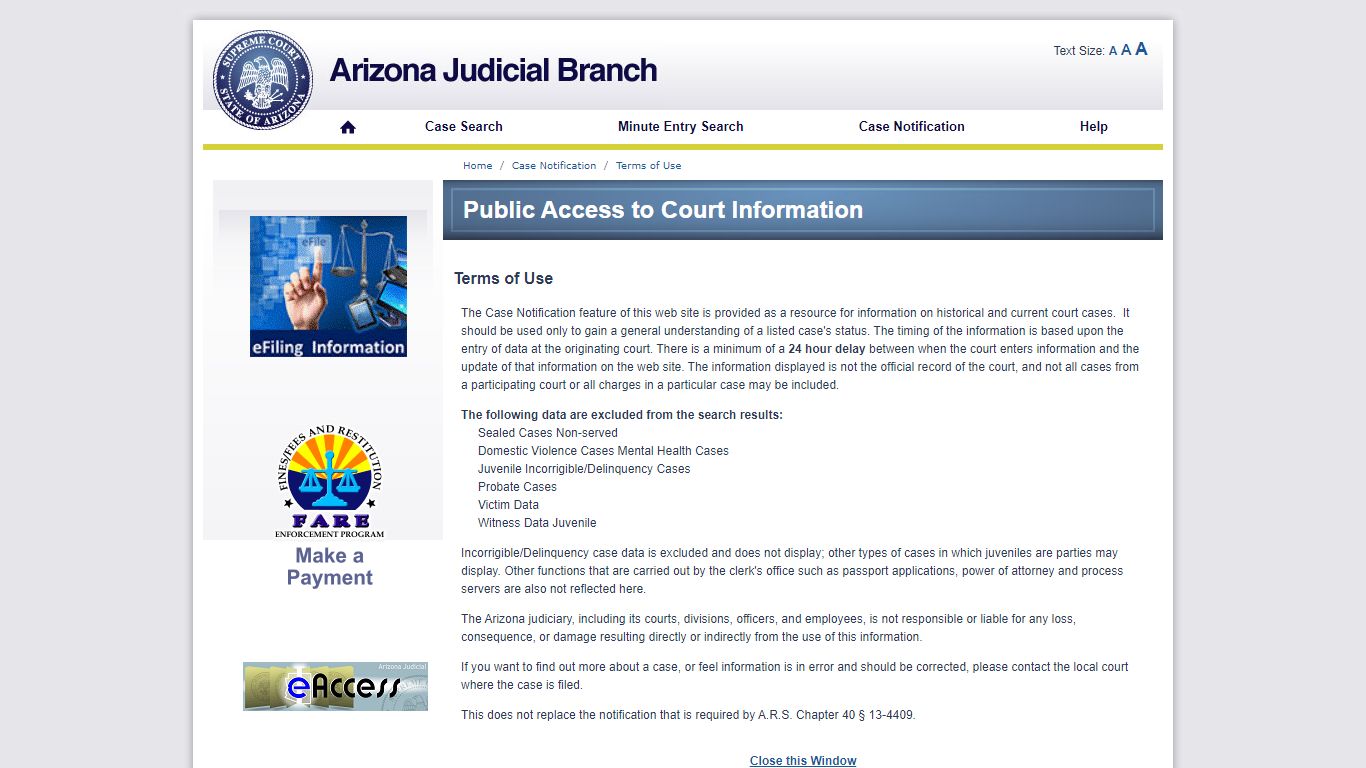 Public Access Case Notification - Terms of Use - Arizona